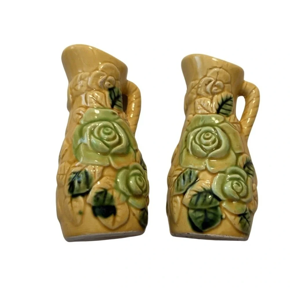 Vintage Salt and Pepper Shakers Pitcher Rose Yellow Green Mid-Century